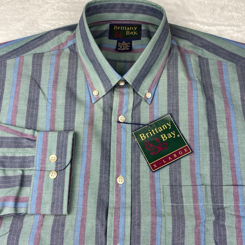 Brittany Bay Shirt Mens‎ XL Green w/Burgundy-Blue Stripes New w/Tags!